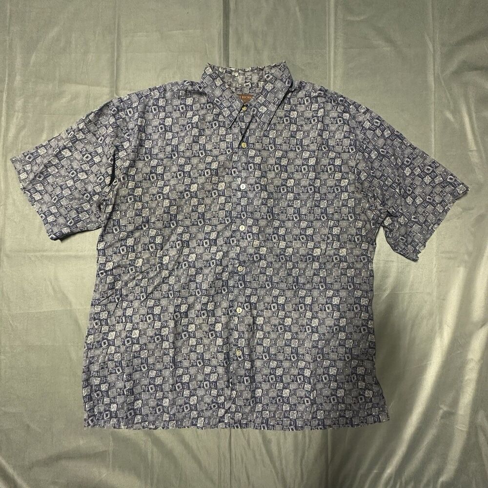 Tori Richard Aloha Shirt Mens Large Geometric Blue Cotton Lawn Hawaii Button